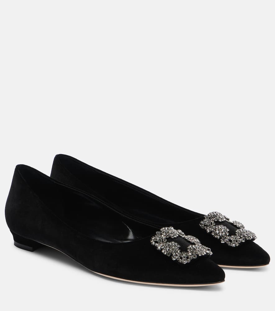 Manolo Blahnik Hangisi Embellished Velvet Ballet Flats In Black