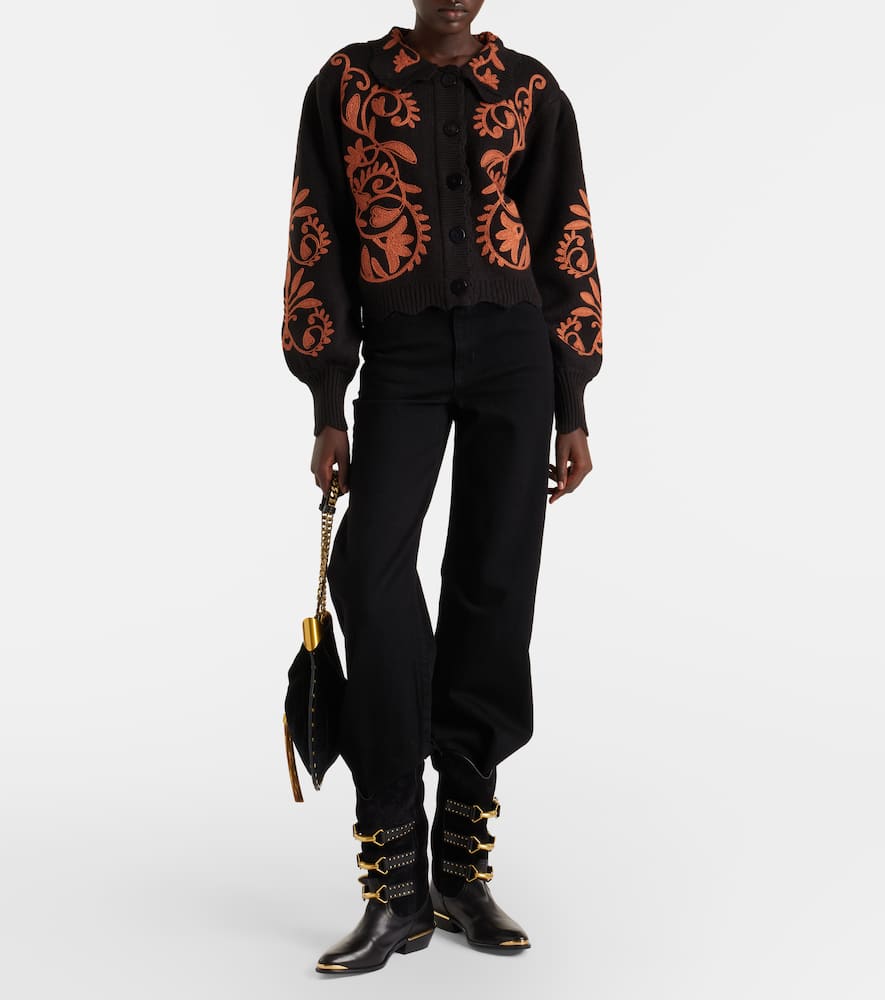 Farm Rio Cornely Ainika Embroidered Scalloped Cardigan In Black