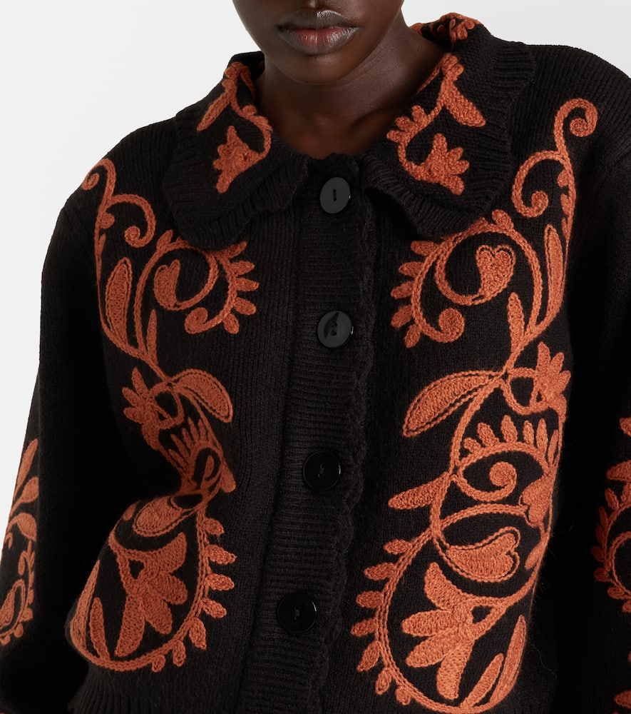 Farm Rio Cornely Ainika Embroidered Scalloped Cardigan In Black