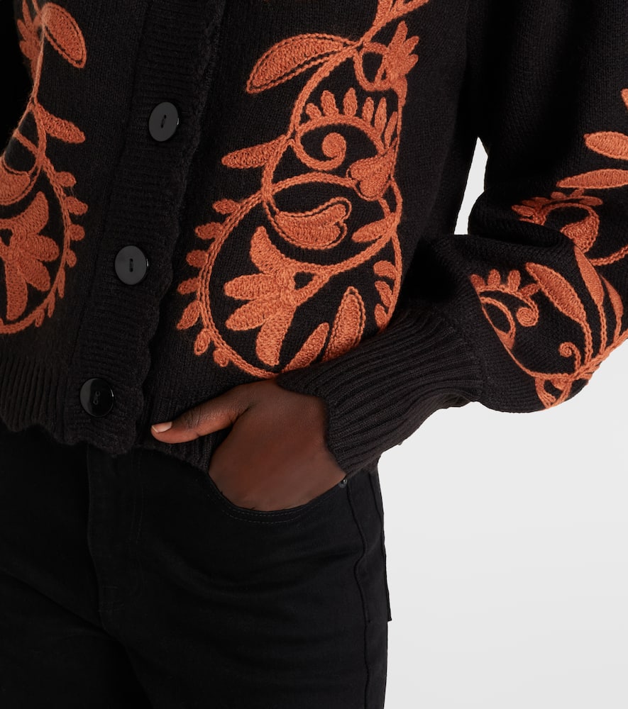 Farm Rio Cornely Ainika Embroidered Scalloped Cardigan In Black
