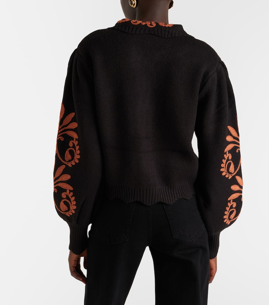 Farm Rio Cornely Ainika Embroidered Scalloped Cardigan In Black