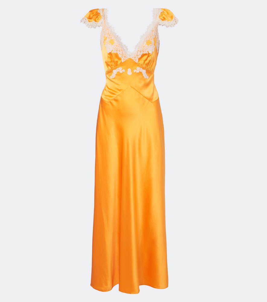 Dôen Abito lungo Fiona in satin di seta con pizzo