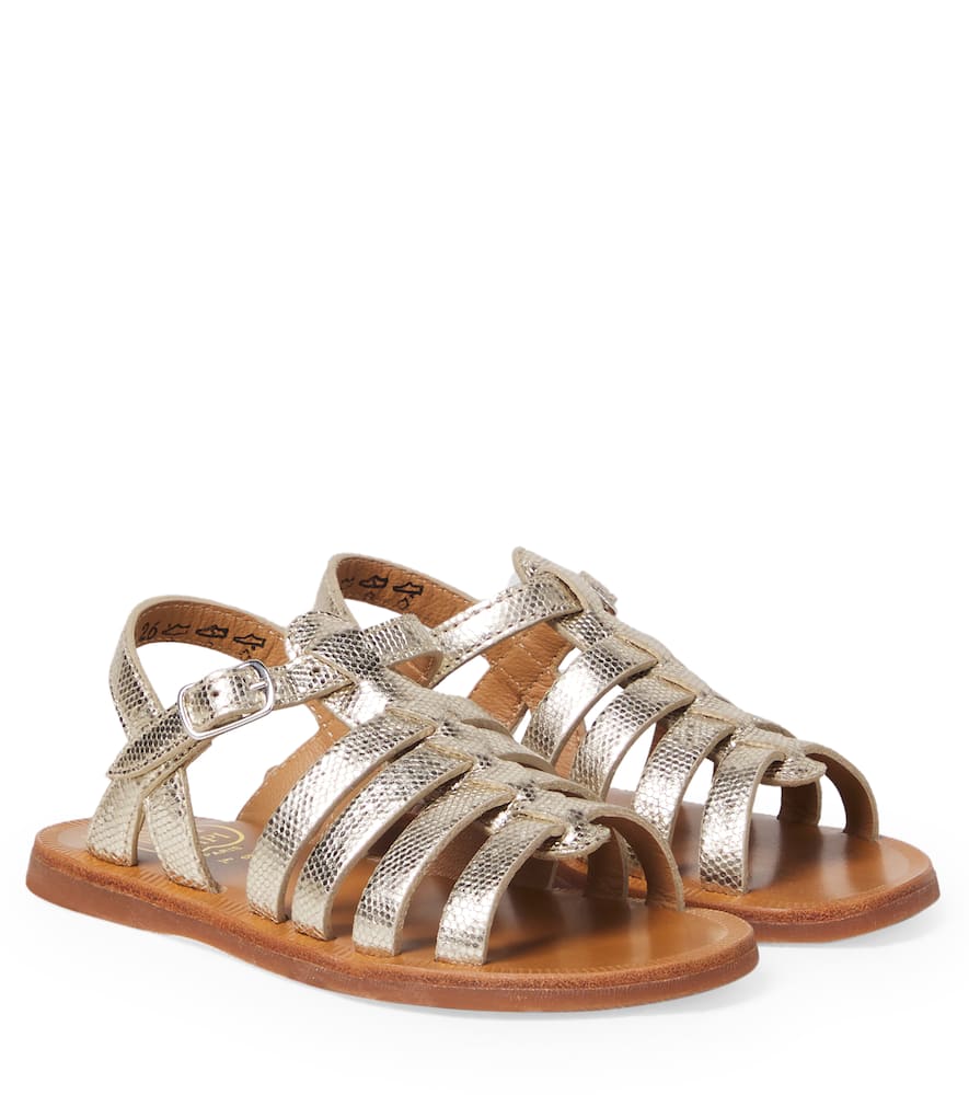 Pom D'api Kids' Plagette Strap Metallic Leather Sandals In Silver