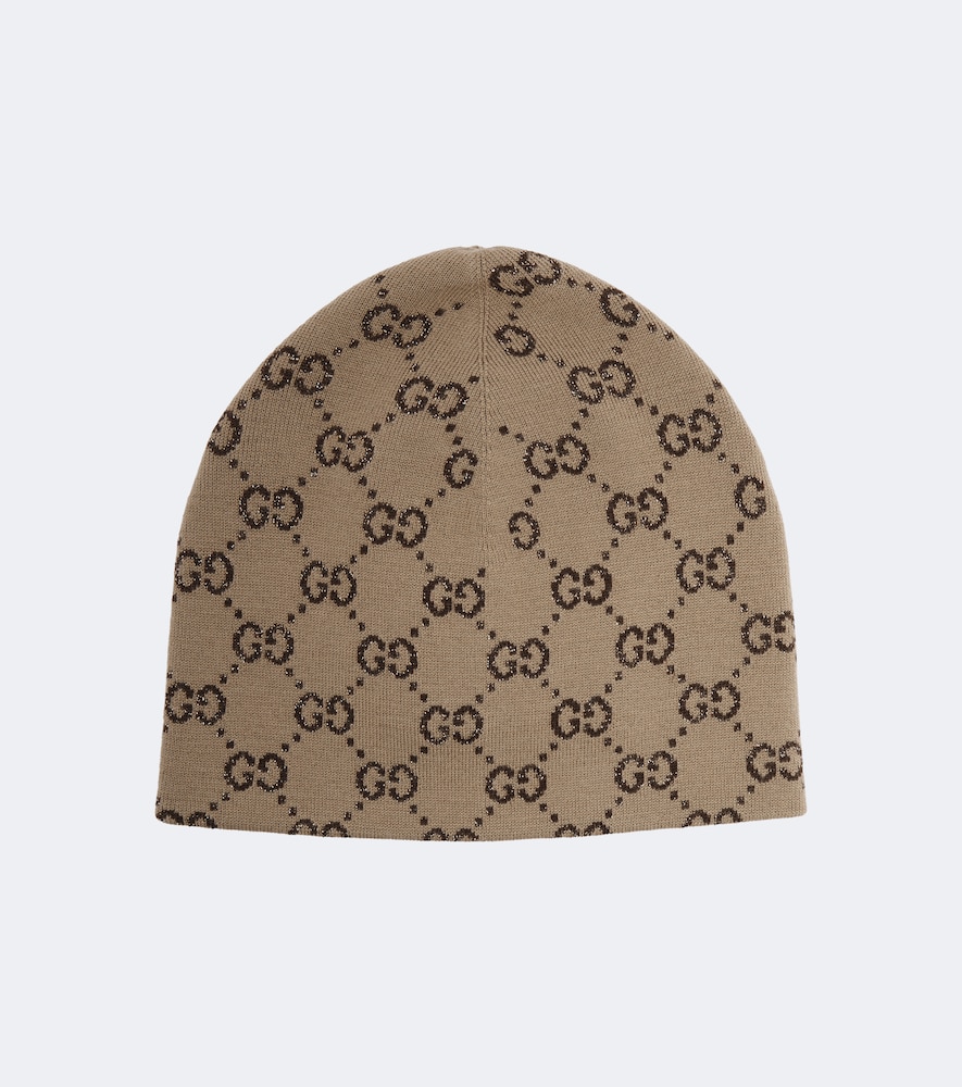 Gucci Gg Jacquard Wool-blend Lamé Beanie In Brown