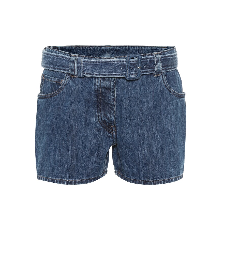 Prada Belted Denim Shorts In Blue 