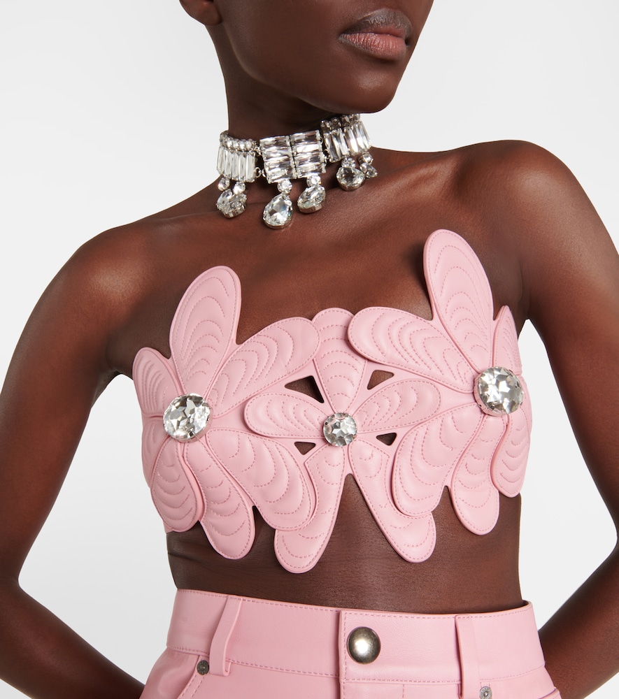  Area Area Mussel Flower Embellished Leather Strapless Top 