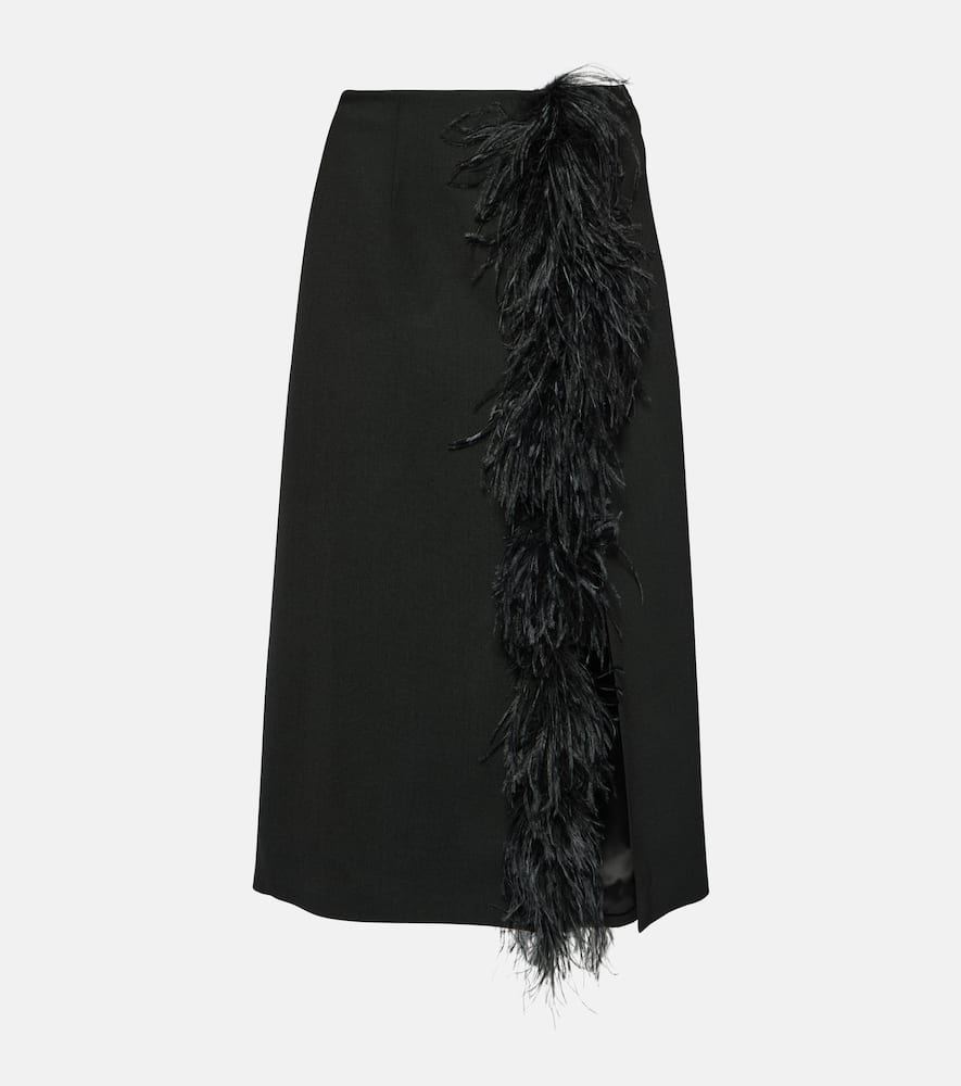 Shop Prada Feather-trimmed Wool Midi Skirt In Black