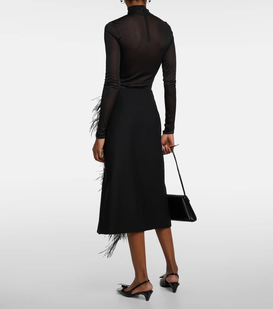 Shop Prada Feather-trimmed Wool Midi Skirt In Black