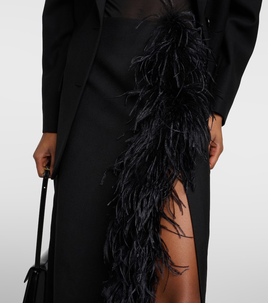 Prada Feather-trimmed Wool Midi-skirt In Black