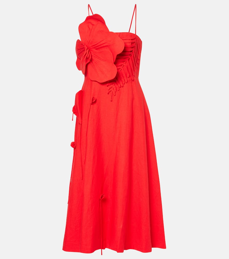 Floral appliqué linen-blend midi dress