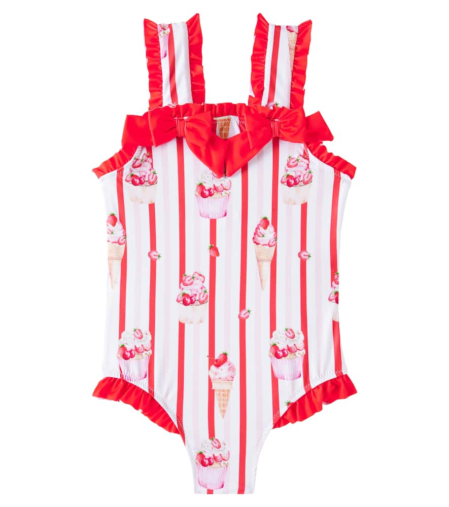 Patachou Bow-detail Striped Printed Swimsuit In Multicoloured