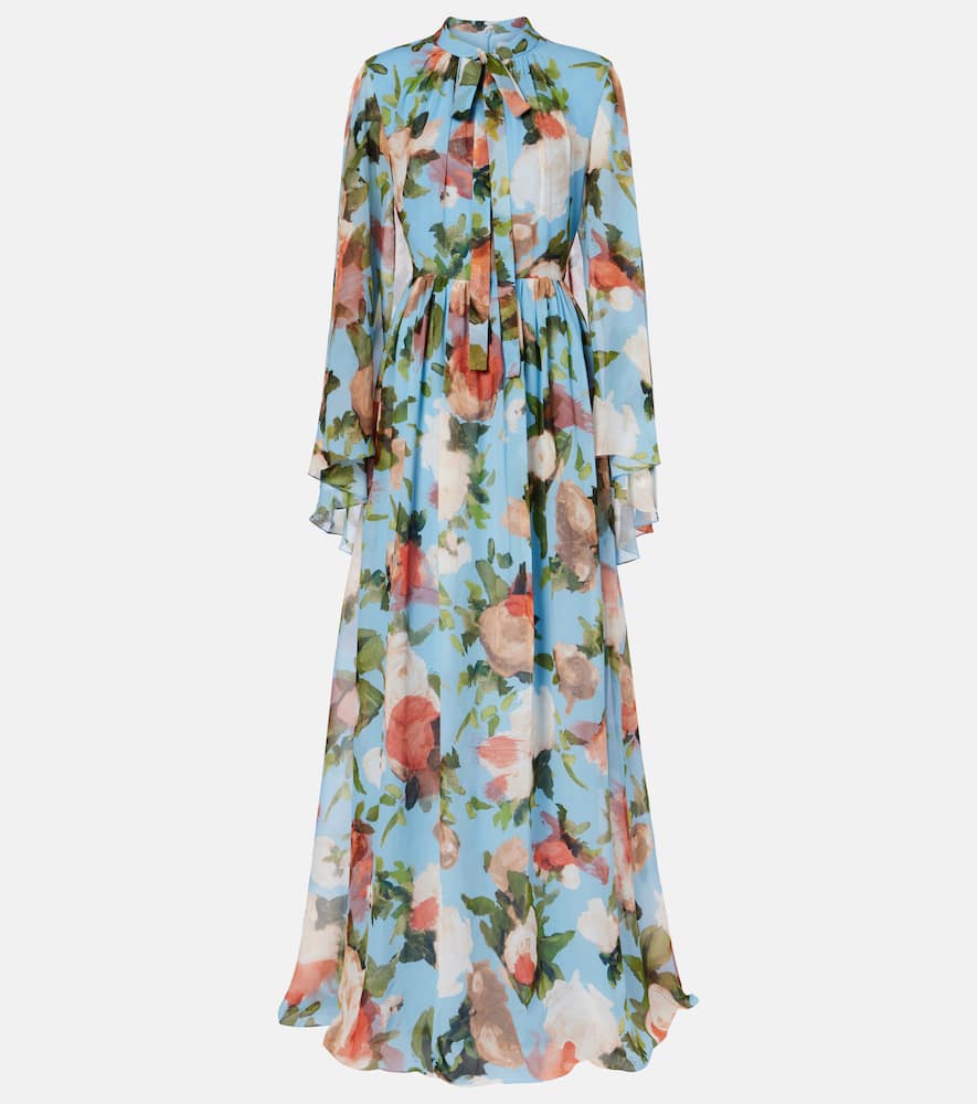 Caped floral silk voile gown