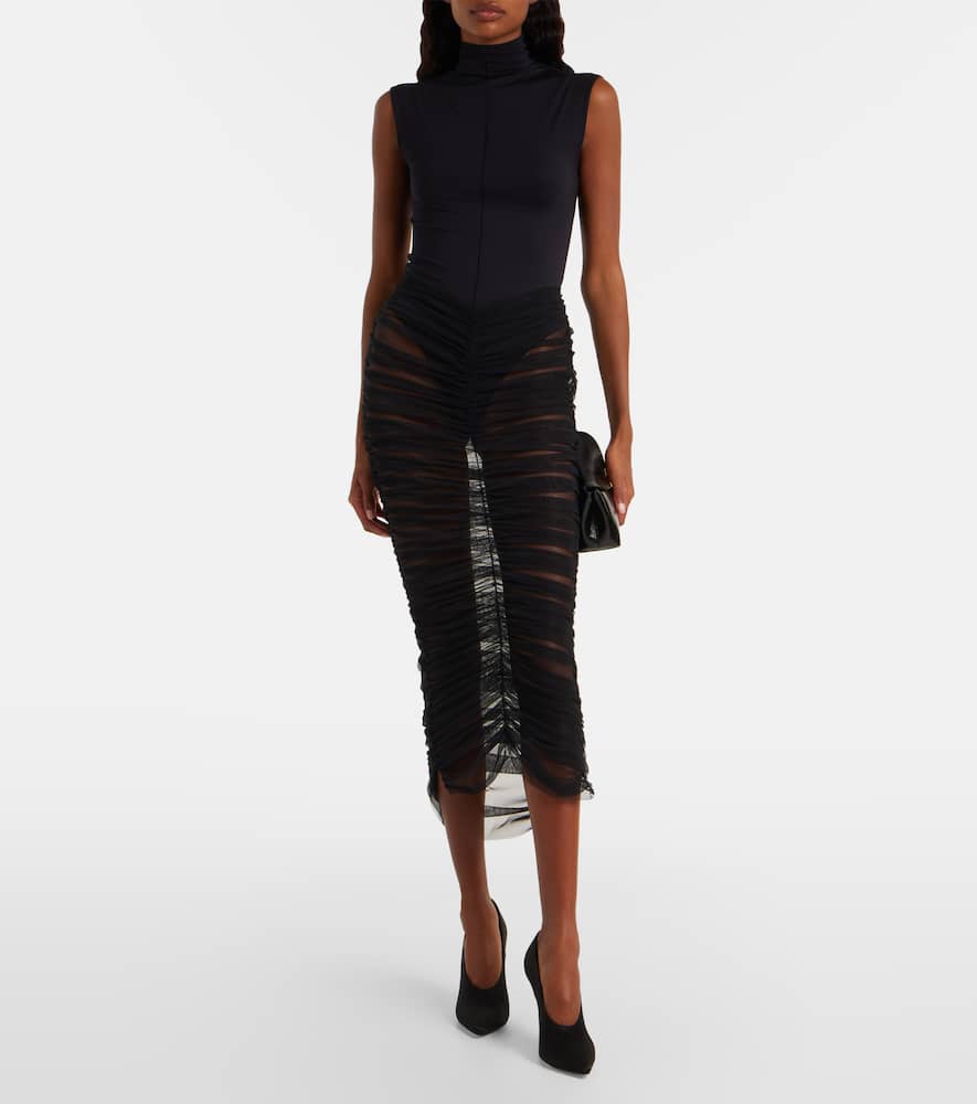 Nensi Dojaka Sheer Ruched Mesh Midi Skirt In Black