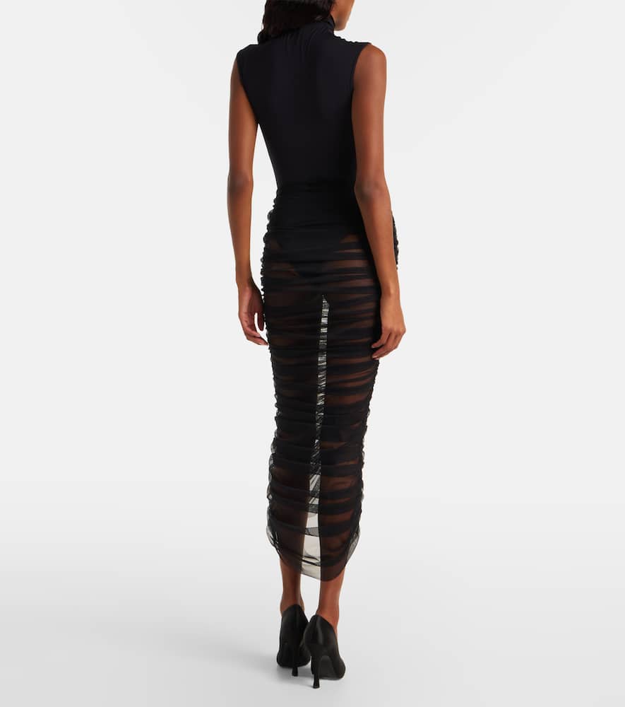 Nensi Dojaka Sheer Ruched Mesh Midi Skirt In Black