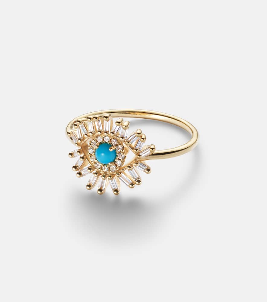 Suzanne Kalan Evil Eye Mini 18kt Gold Ring With Turquoise And Diamonds In Gold