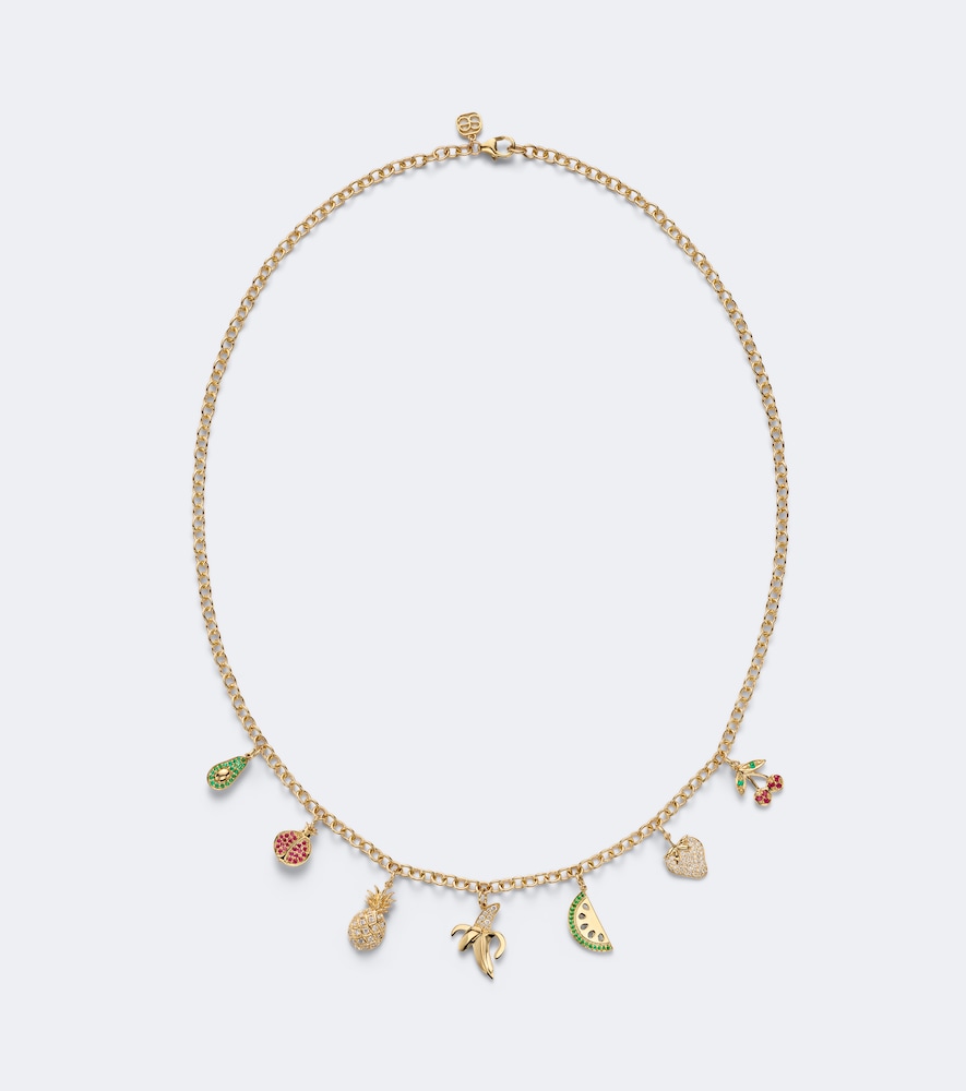 Halskette aus 14kt Gelbgold mit Diamanten, Smaragden und Rubinen