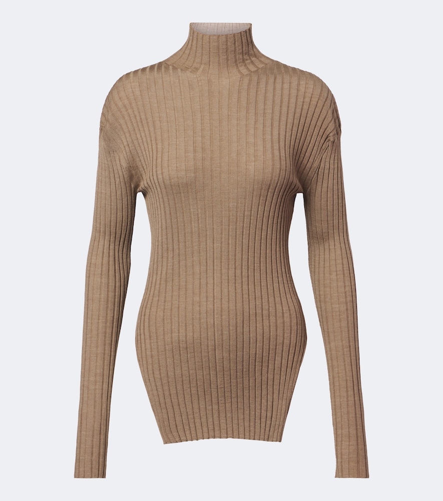 Khaite Vinci Wool And Silk Turtleneck Top In Beige