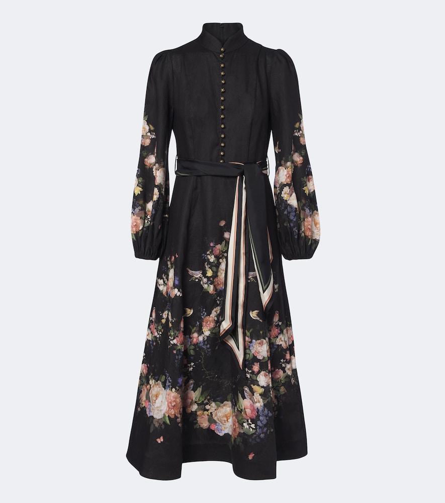 Zimmermann Valiant Belted Floral Linen Midi Dress In Schwarz