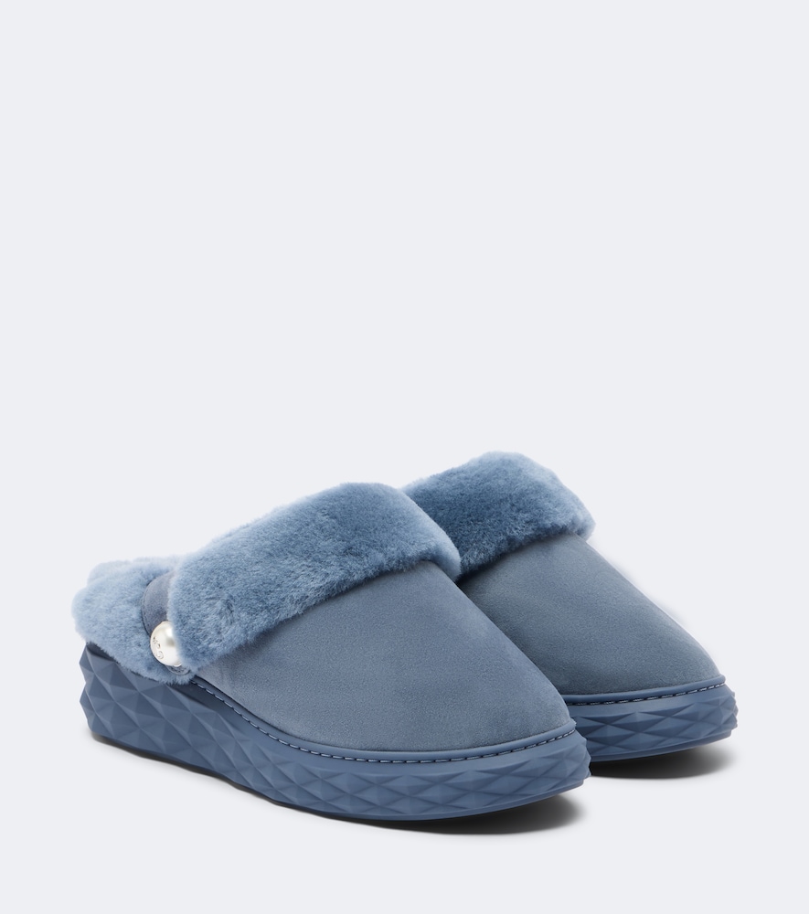 Jimmy Choo Diamond Shearling-lined Suede Platform Mules In Blue