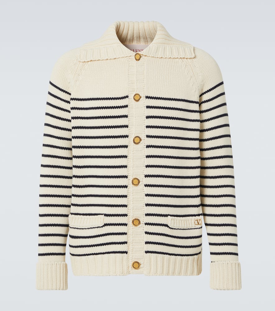 Valentino Striped Shawl Collar Cardigan Pockets In Blau