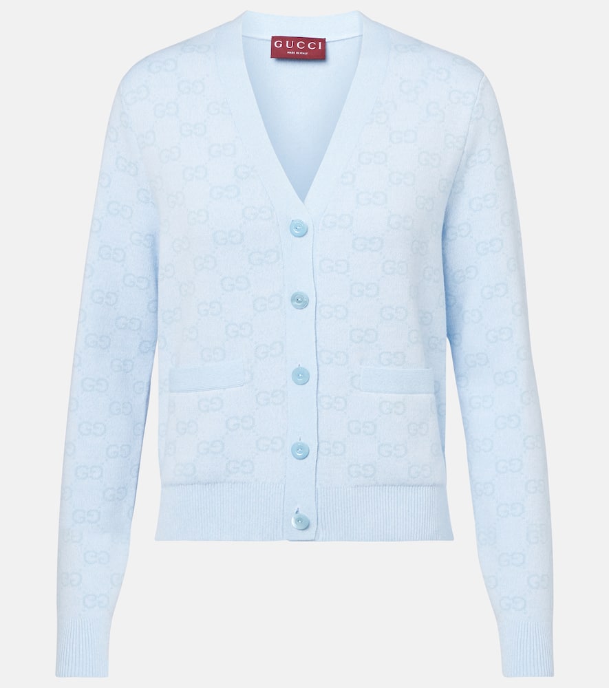Gucci Gg Cotton Jacquard Cardigan In Light Blue/white