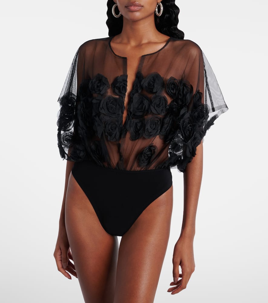 Norma Kamali Floral-appliqué Semi-sheer Bodysuit
