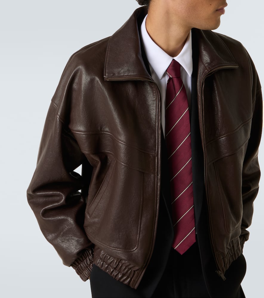 Saint Laurent Lambskin Zip Bomber Jacket In Brown