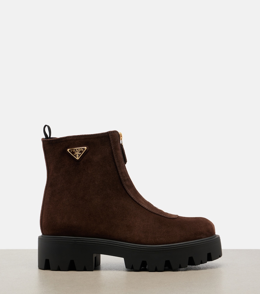 Prada Suede Platform Ankle Boots In Brown