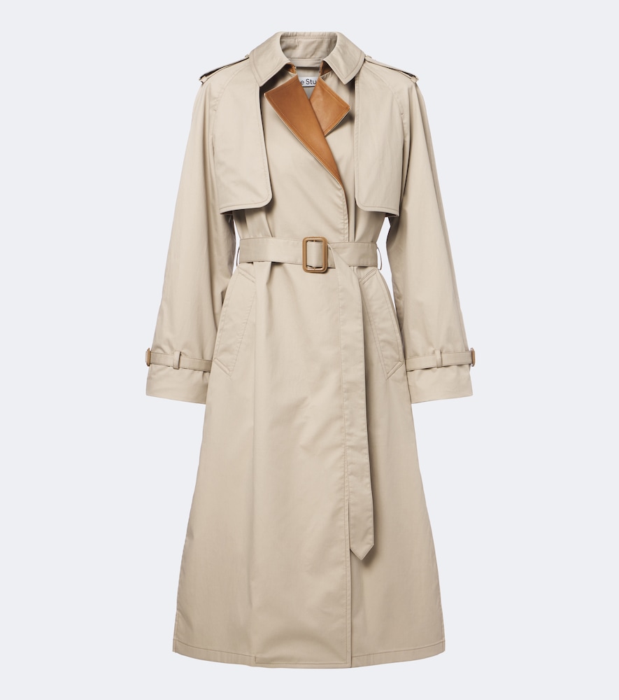 Leather-Trimmed Twill Trench Coat