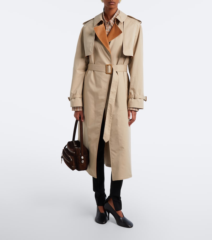 Leather-Trimmed Twill Trench Coat
