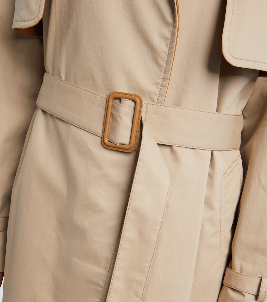 Leather-Trimmed Twill Trench Coat