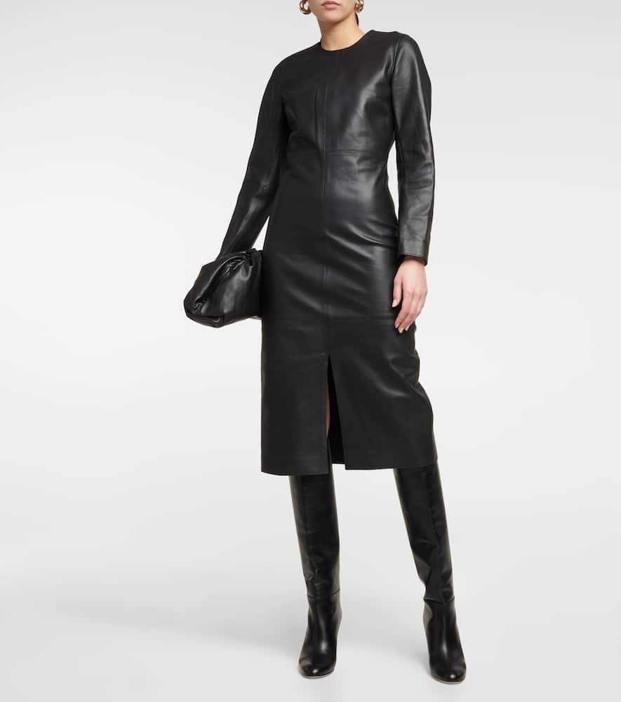 Shop Totême Paneled Leather Midi Dress In Black