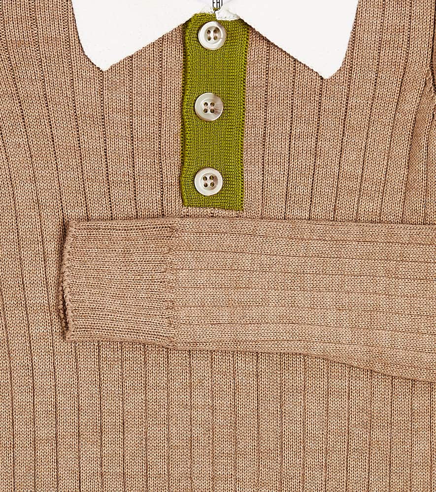 Paade Mode Ribbed-knit Wool-blend Polo Top In Brown