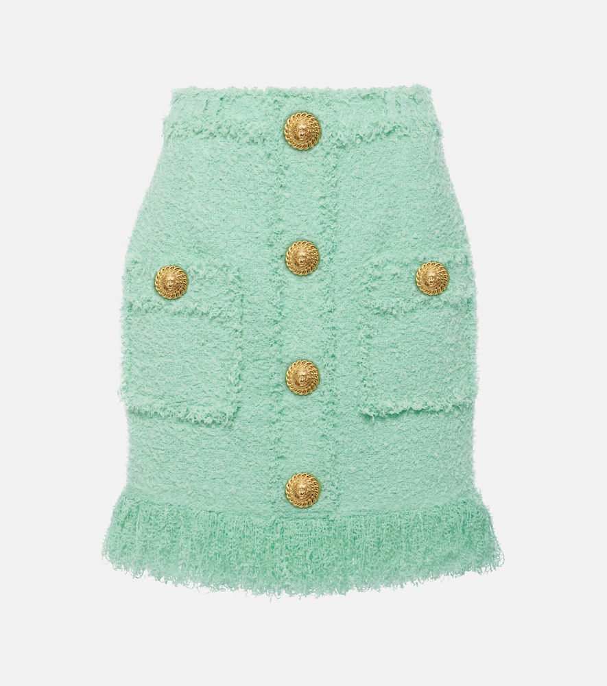 Shop Balmain Fringed Tweed Miniskirt In Green