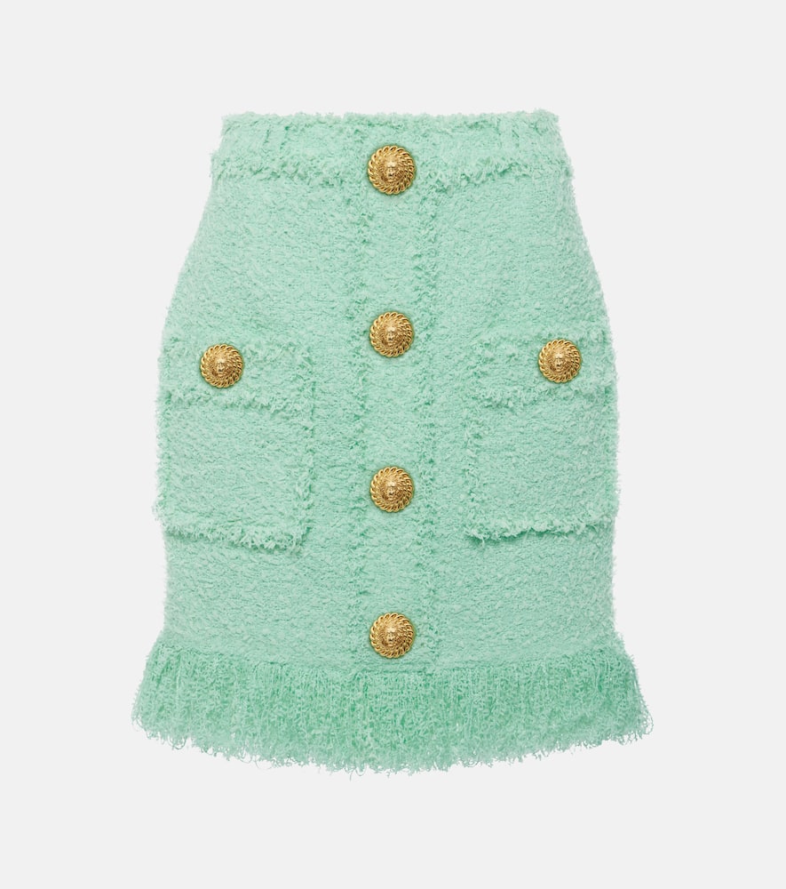 Balmain Fringed Tweed Miniskirt In Green