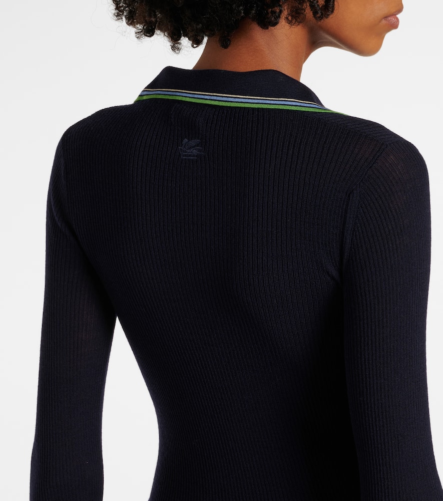Etro Printed Wool And Cotton Polo Sweater In Dark Blue