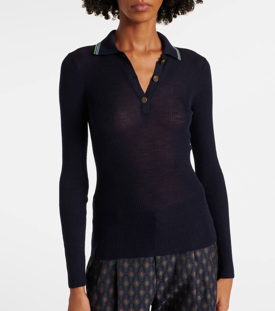 Etro Printed Wool And Cotton Polo Sweater In Dark Blue