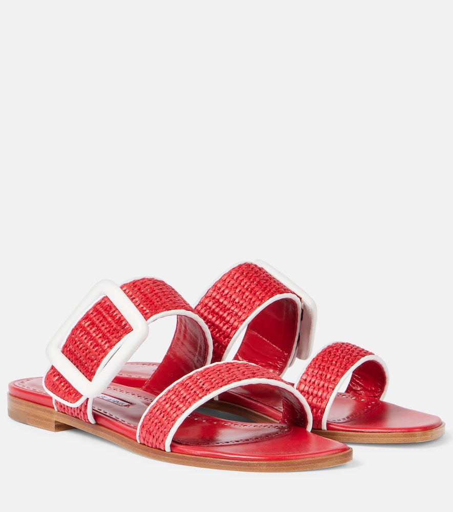 Manolo Blahnik Tituba leather-trimmed raffia sandals
