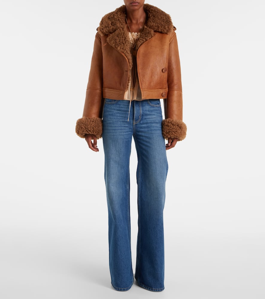 Chloé Cropped Shearling-trimmed Leather Jacket In Brown