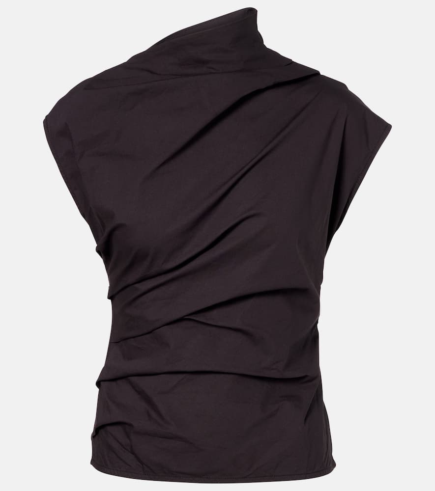 Ganni Ruched Cotton-blend Top In Brown