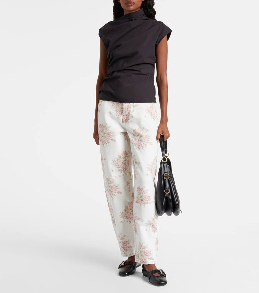 Ganni Ruched Cotton-blend Top In Brown