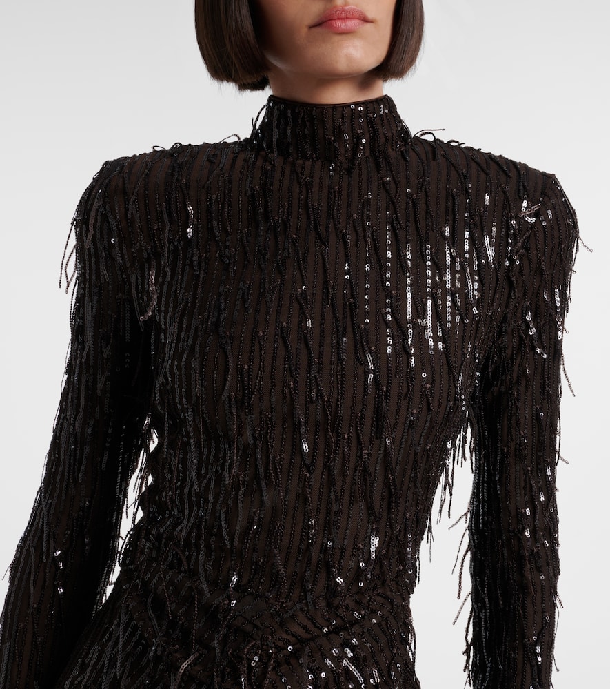 Rotate Birger Christensen Fringed Ruched Sequined Mesh Minidress In Brown