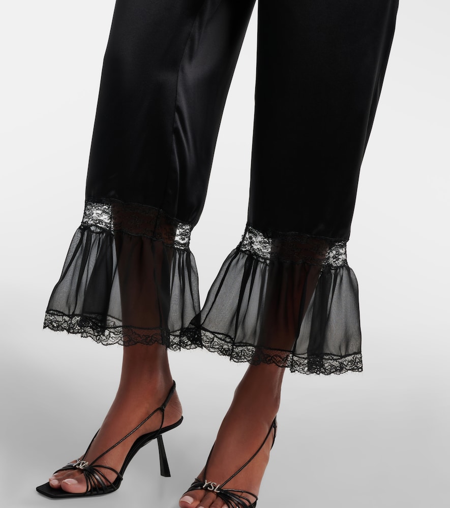 Lace-Trimmed Silk Satin Wide-Leg Pants