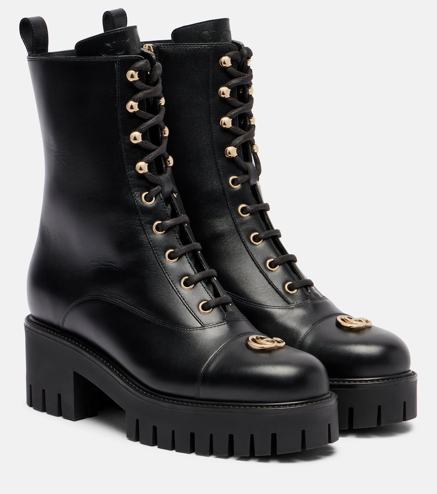Gucci Double G Leather Combat Boots In Black