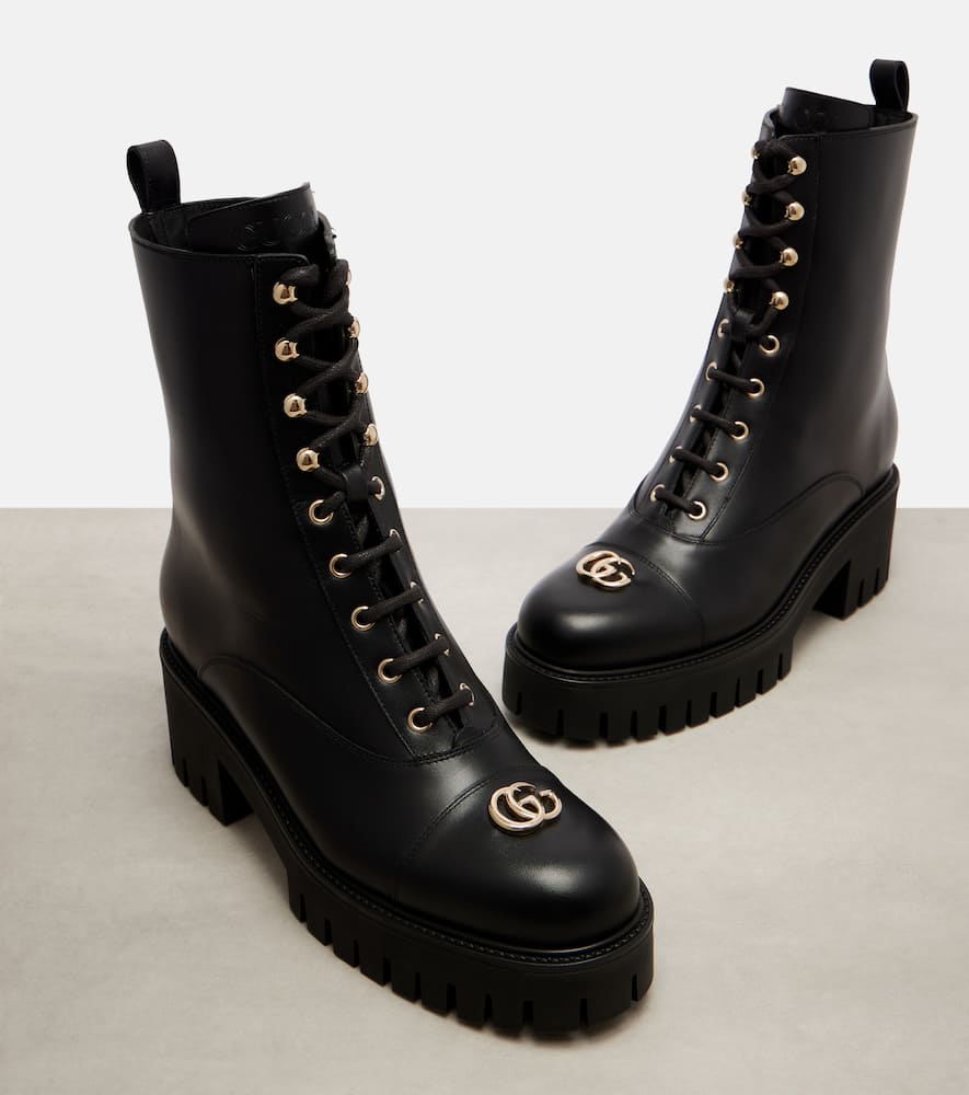 Gucci Double G Leather Combat Boots In Black