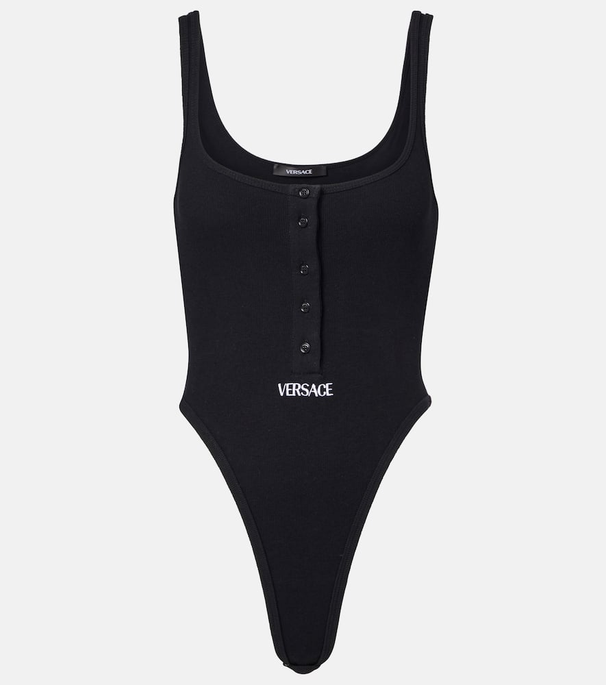 Versace Ribbed-knit Logo Cotton-blend Bodysuit In Black
