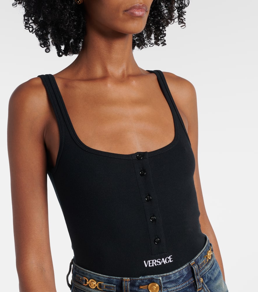 Versace Ribbed-knit Logo Cotton-blend Bodysuit In Black