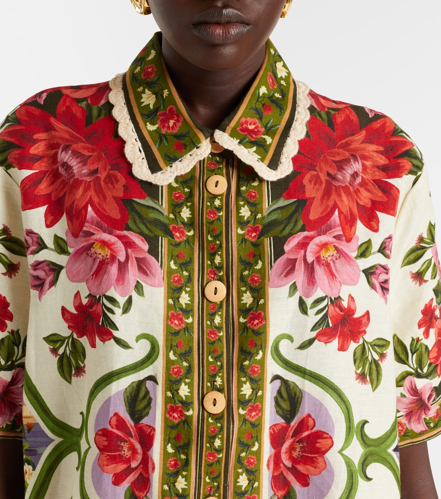Farm Rio Wonder Multicolor Shirt With Lace Embroidered Classic Collar And All-over Floral Motif In Linen Blen