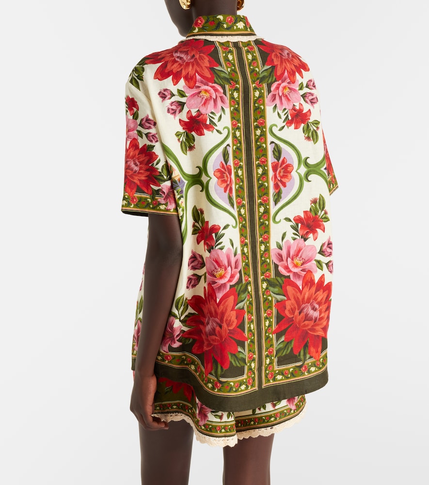 Farm Rio Wonder Multicolor Shirt With Lace Embroidered Classic Collar And All-over Floral Motif In Linen Blen