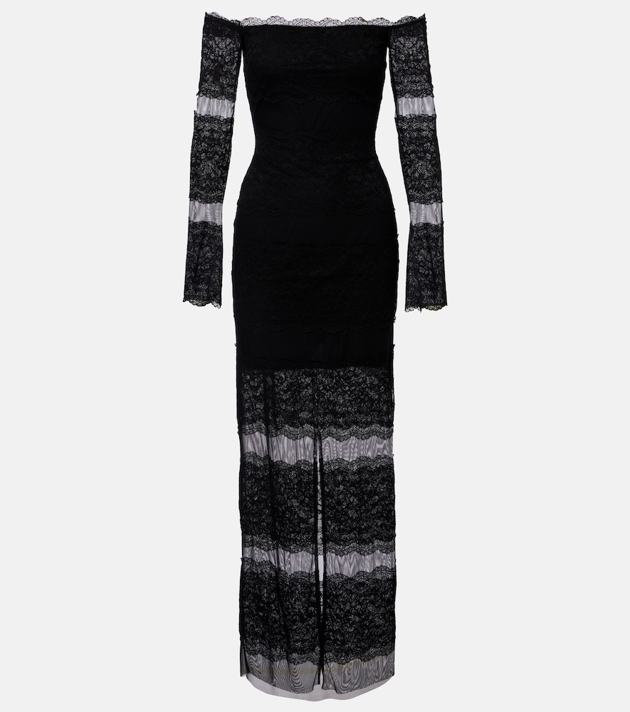 Blumarine Off-shoulder lace tulle maxi dress